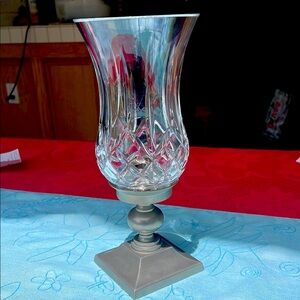 One Waterford  Crystal hurricane lamp with metal Base, both pieces signed